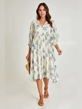 Talisman Flowy Cottage Core French Country Floral Bluebell Cream Peasant Dress